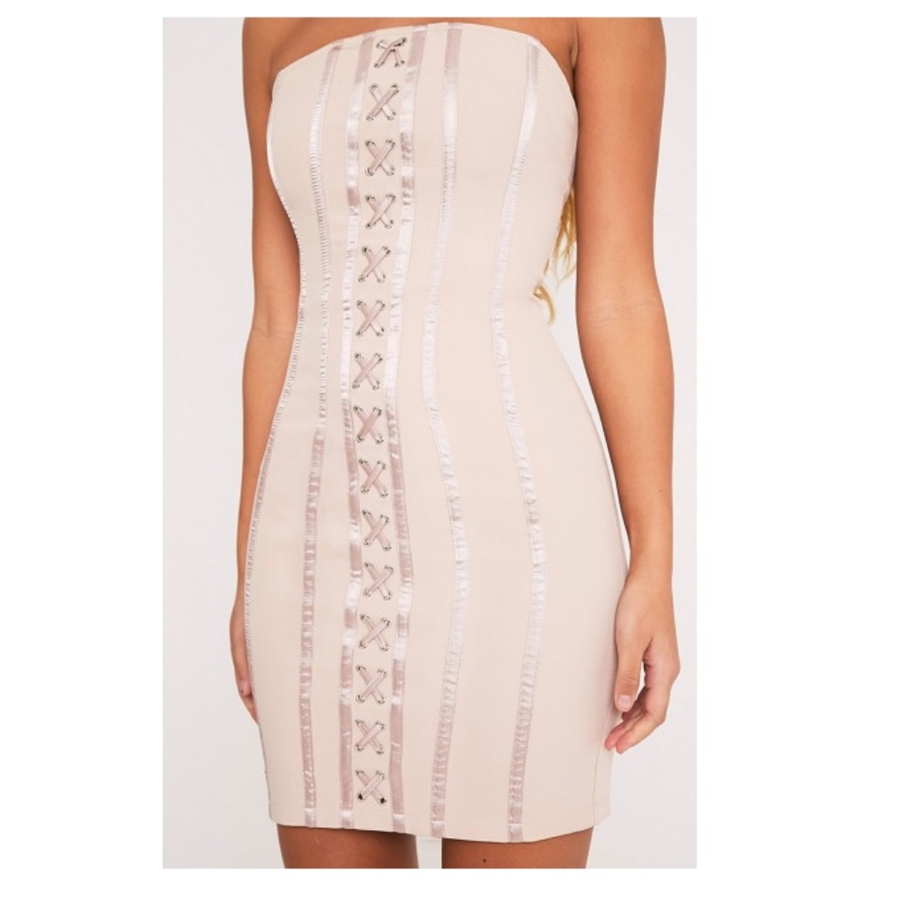 ONE LEFT! Nude Premium Boned Lace Up Bodycon Dress - Picture 4 of 8